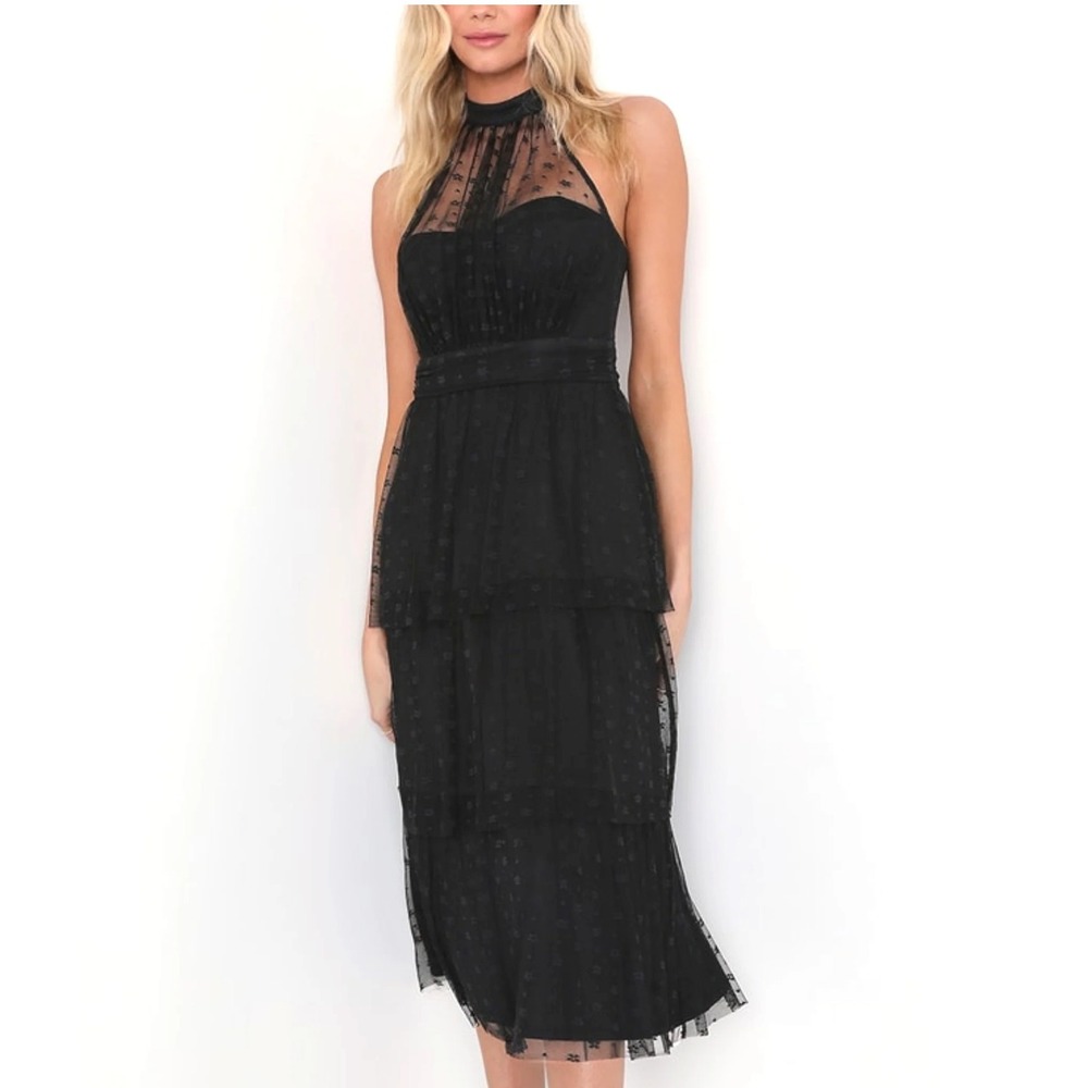 NWT - Lulus Positively Precious Black Floral Mesh Tiered‎ Halter Midi Dress S